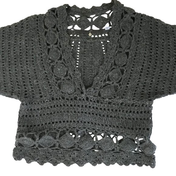 ANTHROPOLOGIE Women Gray Crochet Angora Sweater V-Neck Orenburg Knit Boho XS - Picture 1 of 10